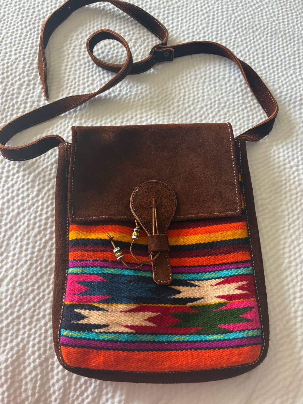 Indigenous Ecuadorian Artesanías Suede Leather Woven Wool Native Crossbody Bag